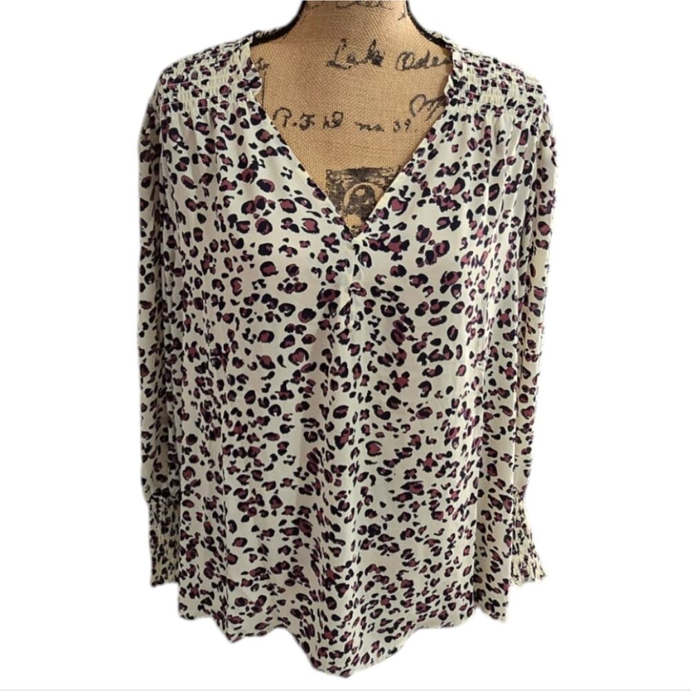 Zac & Rachel Leopard Print Long Puff Sleeve Ruffle Trim Shirt Plus Size 2X New!
